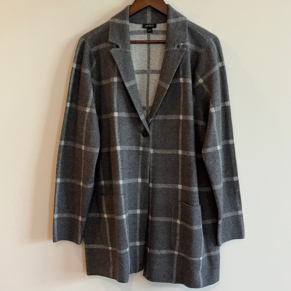 J. Jill Wearever Gray Plaid Sweater Blazer Cardigan Jacket Windowpane Large